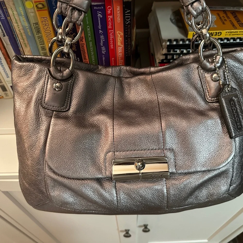 COACH Metallic Silver Leather Tote Bag with Chain Detail